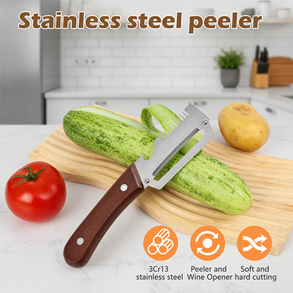 ✨Wooden-Handled Stainless Steel Sharp Peeler with Built-In Bottle Opener