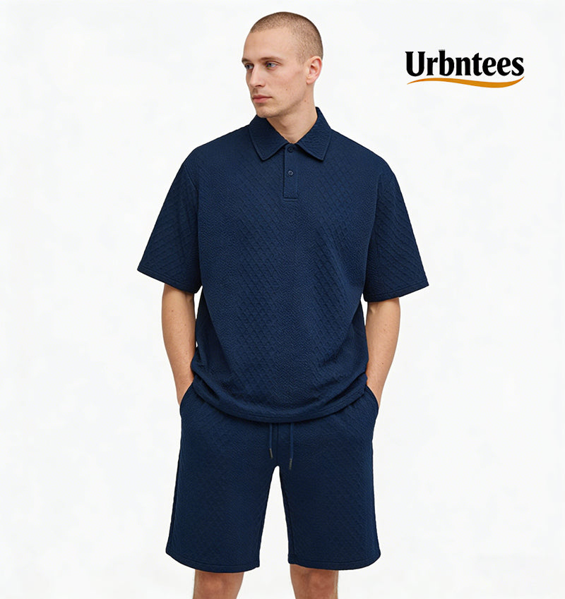 Men's Solid Polo Shirt & Drawstring Waist Shorts Set, Cozy Breathable Two-piece Outfits
