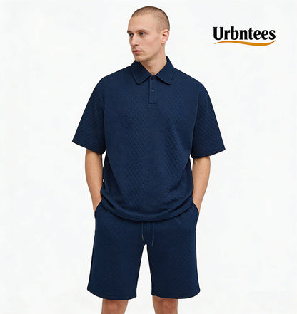 Men's Solid Polo Shirt & Drawstring Waist Shorts Set, Cozy Breathable Two-piece Outfits