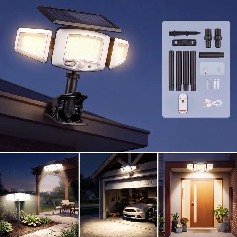 ☀️ Clip-On Solar Motion Sensor Light – 3-Head Lighting, Remote Control & USB-C Charging