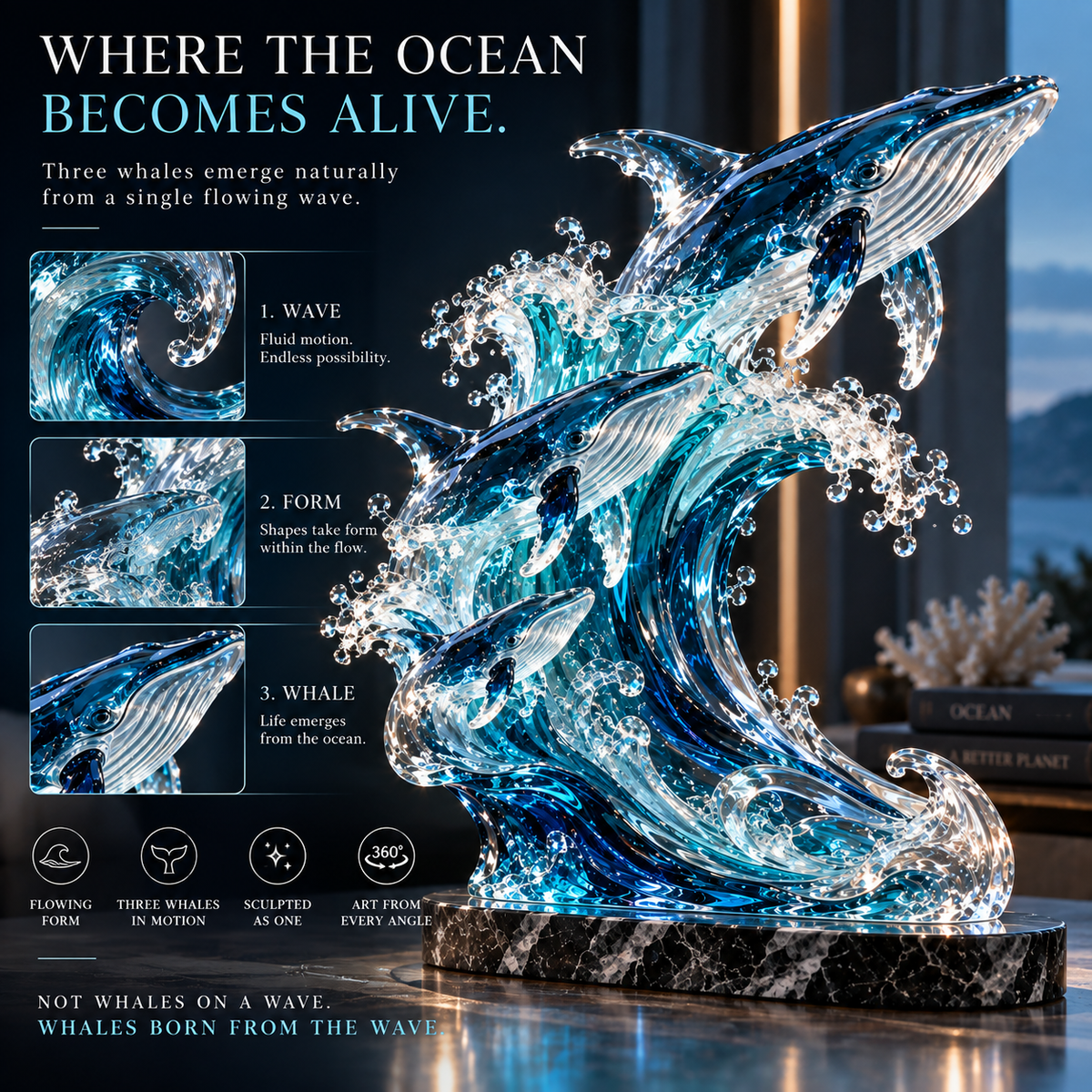 🐋🌊 Ocean Spirit Whale Sculpture – Three Whales Rising Through a Glass Wave
