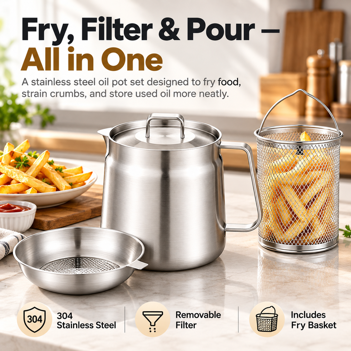 🍟 3-in-1 Stainless Steel Deep Fryer Pot with Oil Filter & Fry Basket