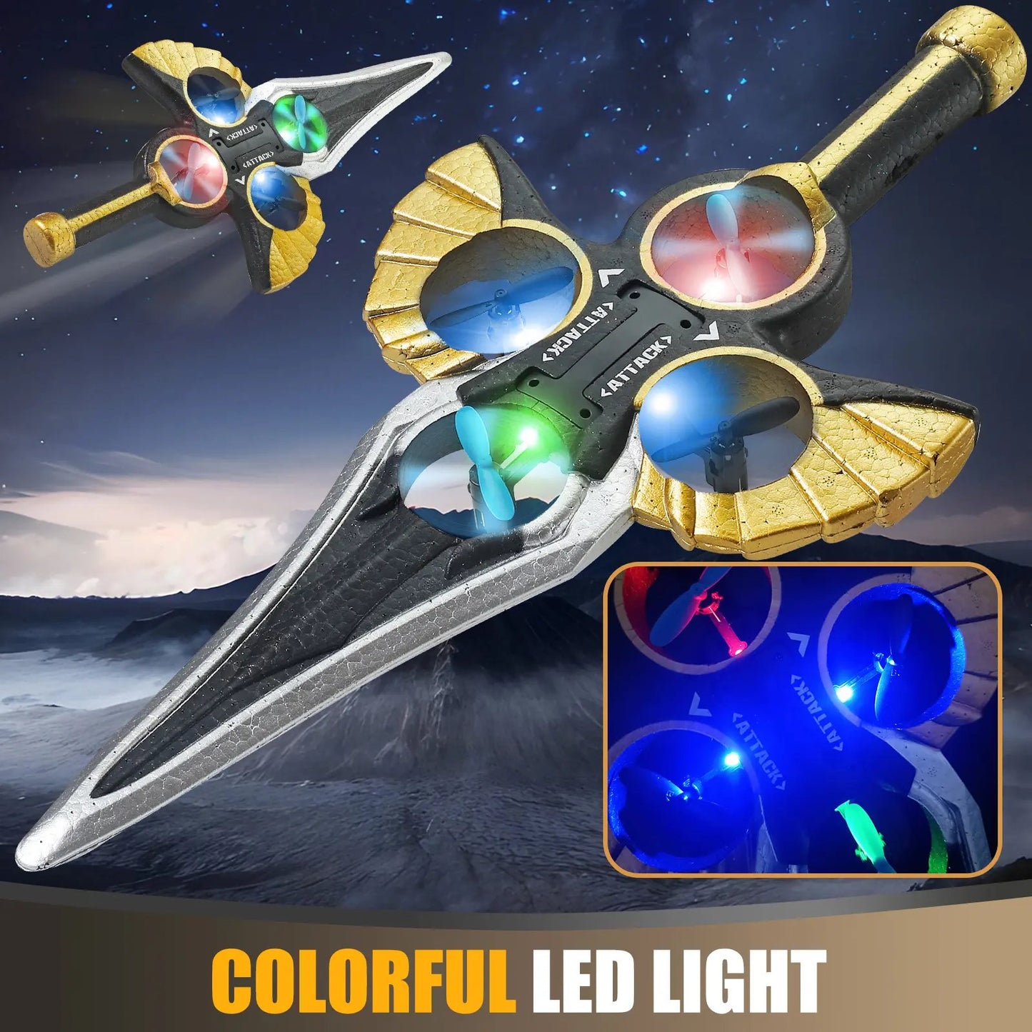 LED Flying Spin Sword Toy with Gesture Wrist Remote - Glowing RC Hover Drone Blade with Extra Batteries