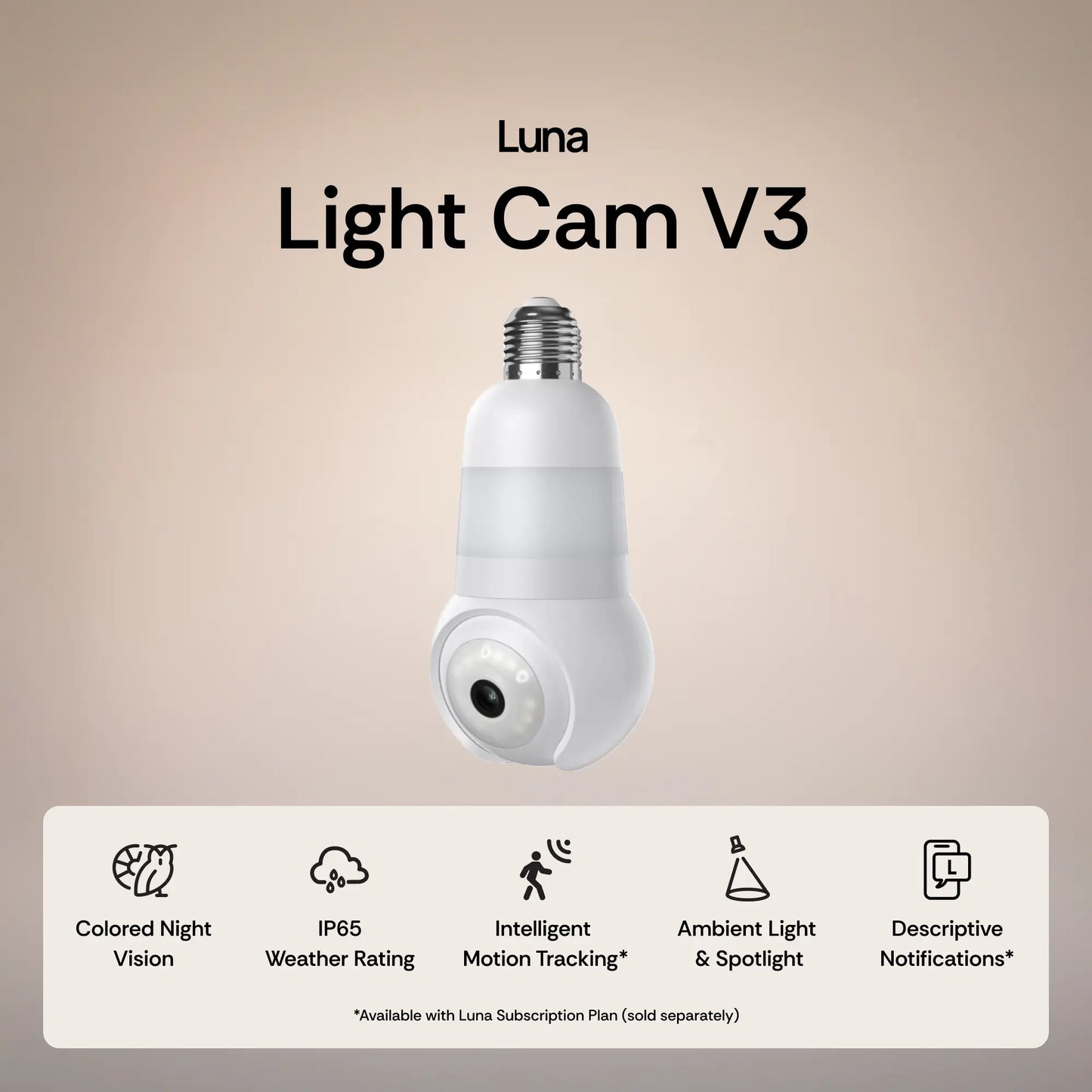 Luna Light Bulb Security Cam -2K 2.4GHz/5GHz WiFi, Indoor Outdoor Surveillance Monitoring Camera for Home, 360° Pan/Tilt, Color Night Vision, Built-In LED & Spotlight, Easy Installation
