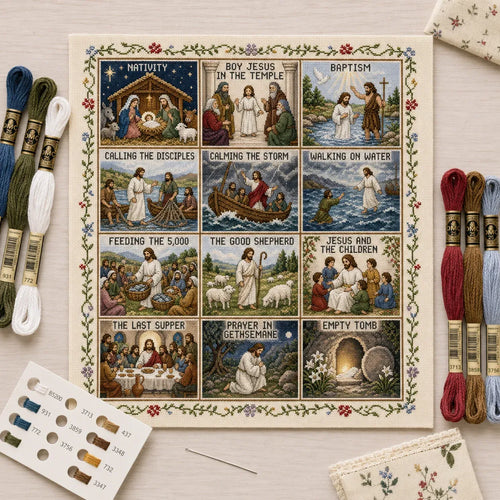 ✝️ Life of Jesus Cross Stitch Kit – 6 Biblical Designs