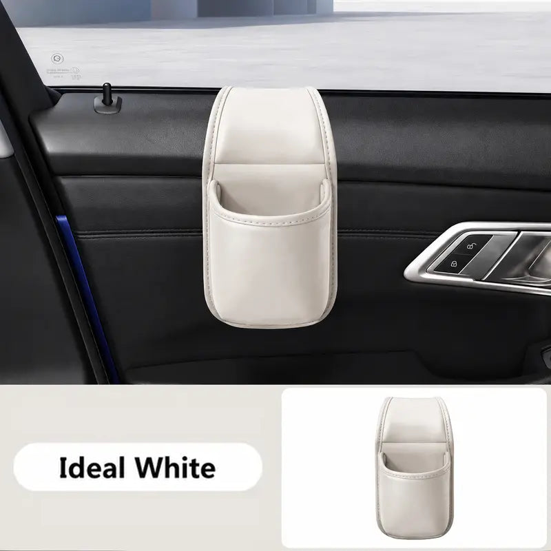 Leather car door storage pocket - double-layer compartments