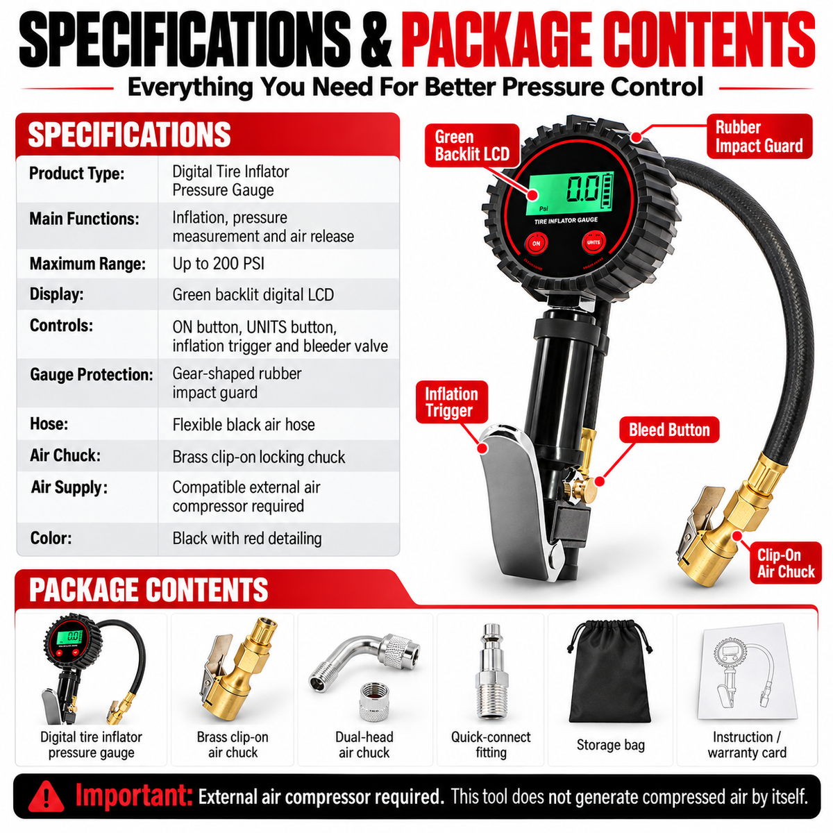 📟 200 PSI Digital Tire Inflator Gauge – 3-in-1 Air Chuck, Pressure Gauge & Bleeder