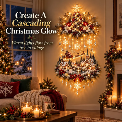 ✨ Lighted Christmas Tree & Village Wall Décor – Warm Cascading Holiday Lights for Home Displays