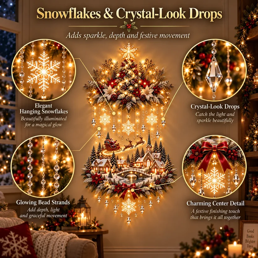 ✨ Lighted Christmas Tree & Village Wall Décor – Warm Cascading Holiday Lights for Home Displays