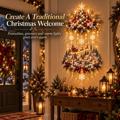 ✨ Lighted Christmas Tree & Village Wall Décor – Warm Cascading Holiday Lights for Home Displays