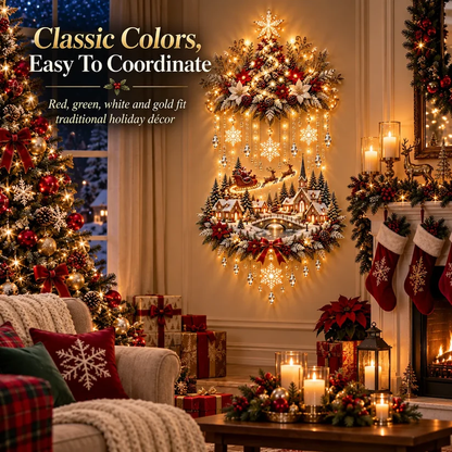 ✨ Lighted Christmas Tree & Village Wall Décor – Warm Cascading Holiday Lights for Home Displays