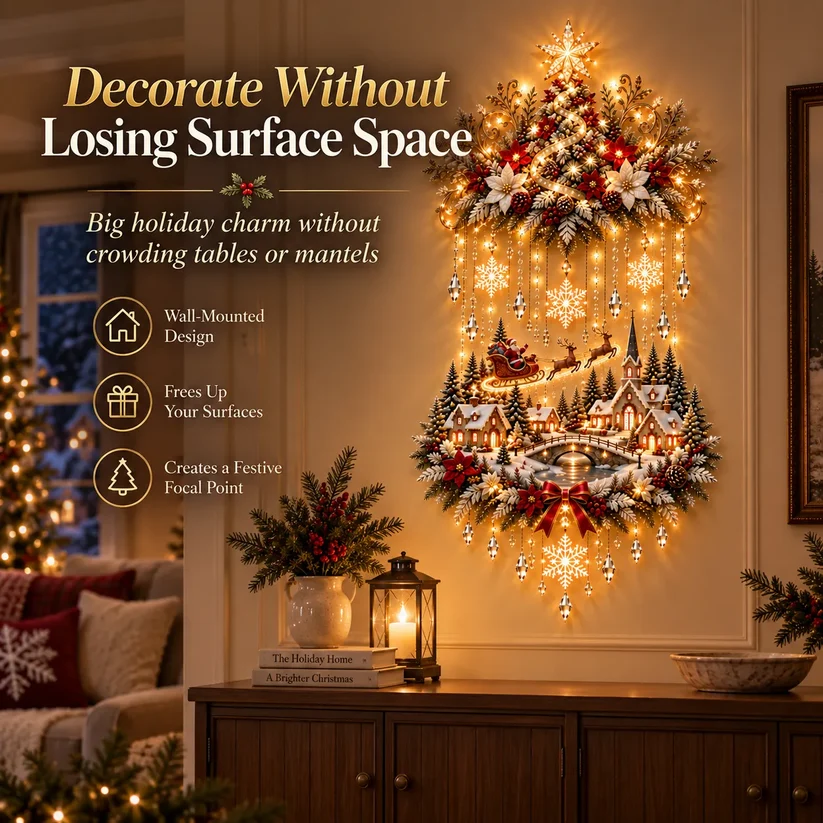 ✨ Lighted Christmas Tree & Village Wall Décor – Warm Cascading Holiday Lights for Home Displays