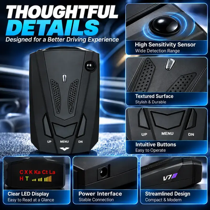 🚗V7 Multi-Band Radar Alert Detector – Voice & LED Alerts with City/Highway Modes