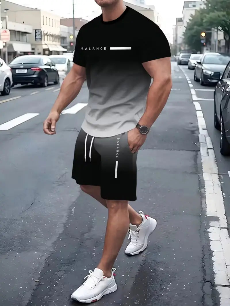 Men's black and gray gradient tee and shorts set for casual streetwear