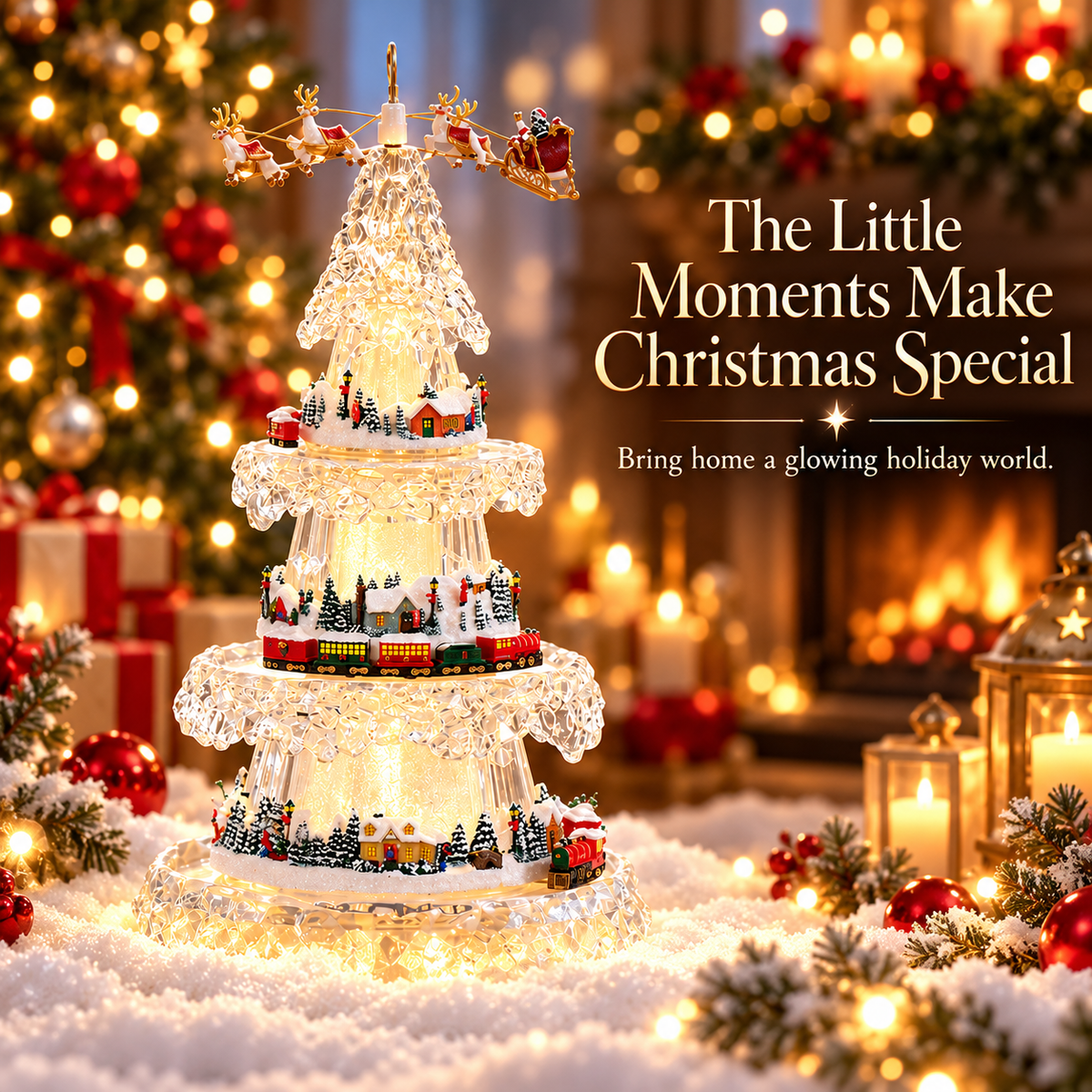 🎄 Musical Christmas Tree with Animated Train🚂 – Light-Up Acrylic Holiday Village Tabletop Decoration✨