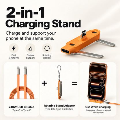 ⚡ 240W 2-in-1 USB-C Fast Charging Cable with Rotating Phone Stand