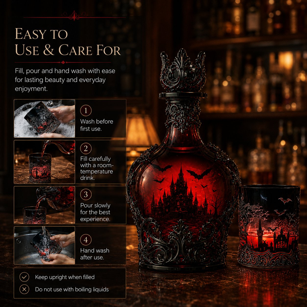 🦇🍺Gothic Vampire Castle Whisky Decanter & Tumbler