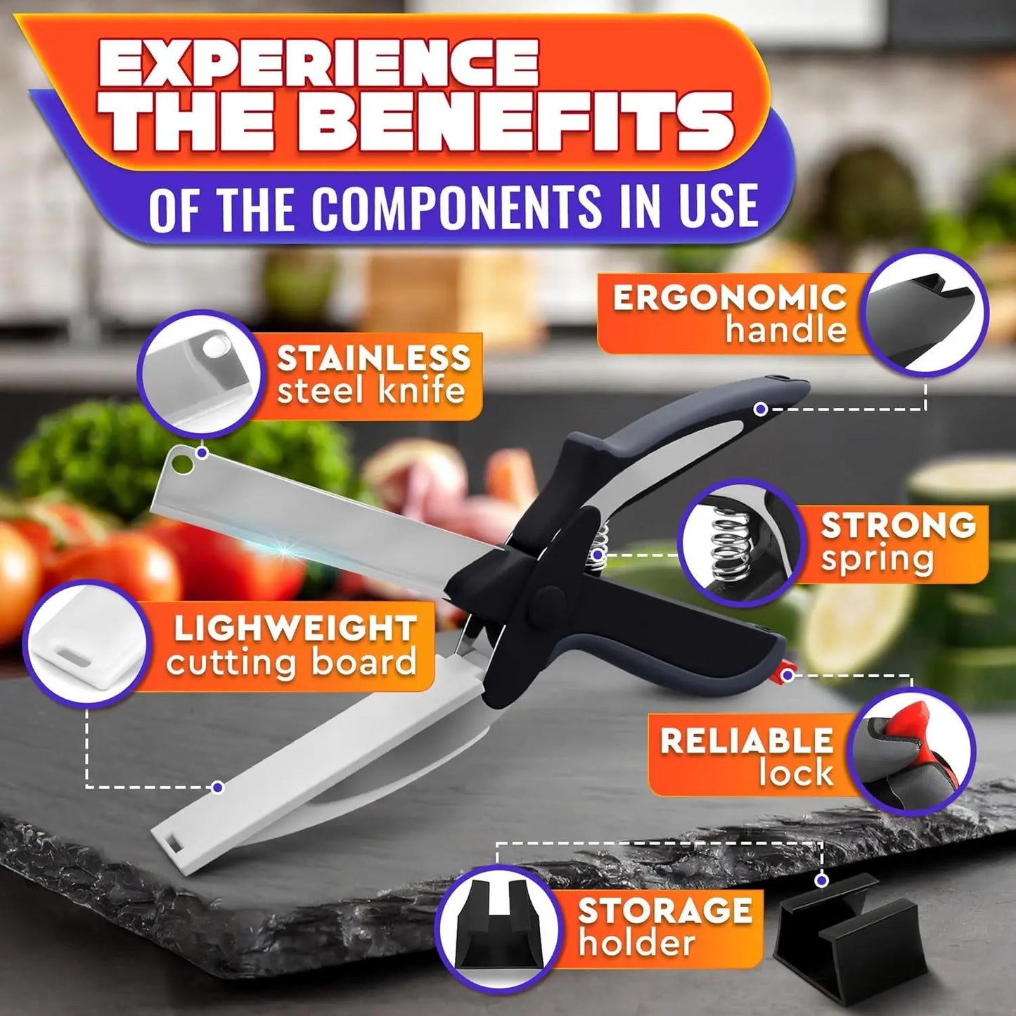 2 in 1 Kitchen Scissors for Food – Stainless Steel Blade & Plastic Cutting Board Scissors