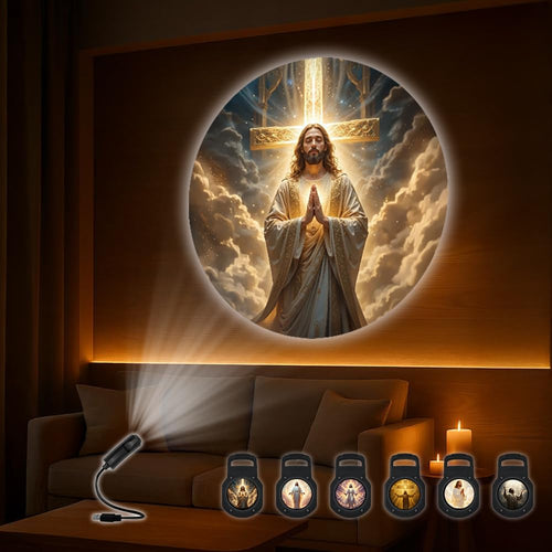 USB prayer projection light displaying a Jesus image with six interchangeable projection inserts