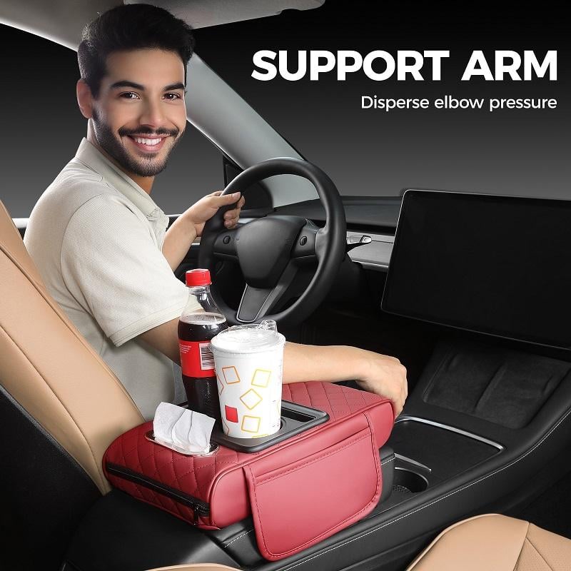 💯Car Console Organizer – PU Leather Armrest, Side Storage, Cup Holder