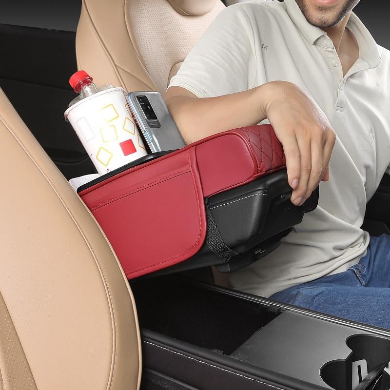 💯Car Console Organizer – PU Leather Armrest, Side Storage, Cup Holder