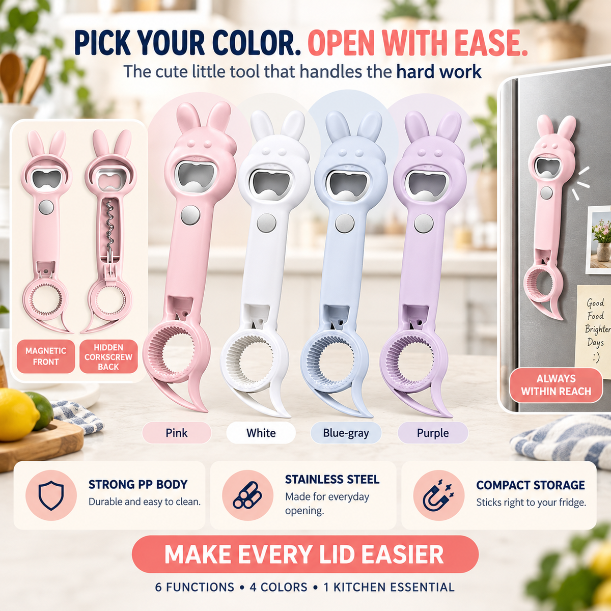 🔥🐰 6-in-1 Magnetic Rabbit Opener – Jar, Bottle, Can & Wine Opening Tool