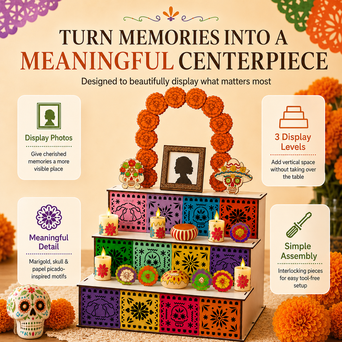 🎃Day of the Dead Wooden Altar Display Set | 💕Death is not the end of life, forgetting is