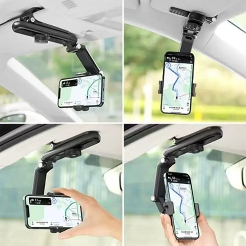 Multiple views of the black adjustable visor phone holder showing its arm, clamp and phone positioning options
