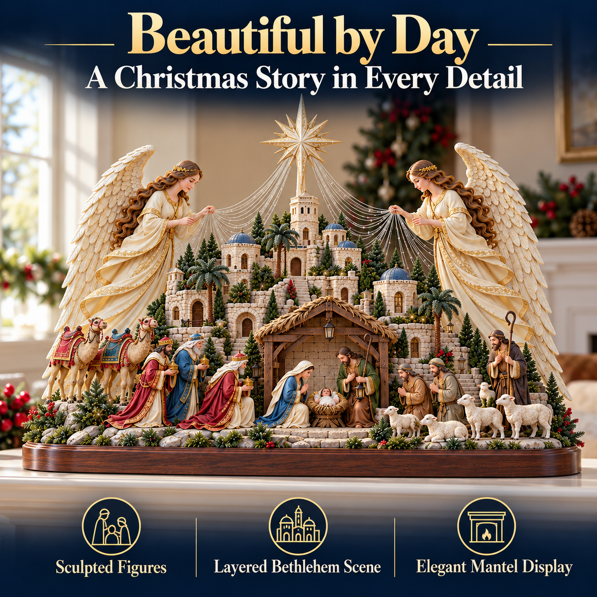 🎄✨ 3D Lighted Angel Nativity Centerpiece – Meaningful Christmas Mantel Decor✨