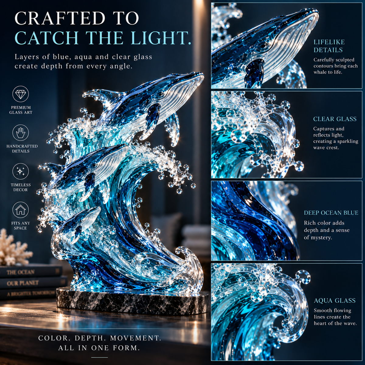 🐋🌊 Ocean Spirit Whale Sculpture – Three Whales Rising Through a Glass Wave