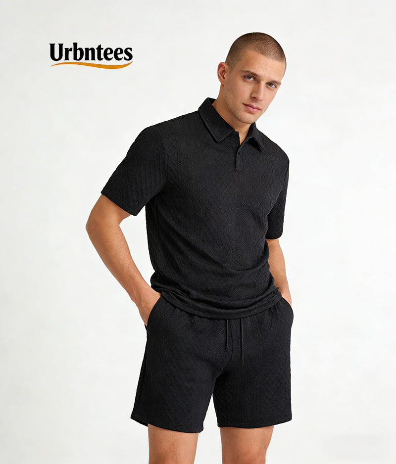 Men's Solid Polo Shirt & Drawstring Waist Shorts Set, Cozy Breathable Two-piece Outfits