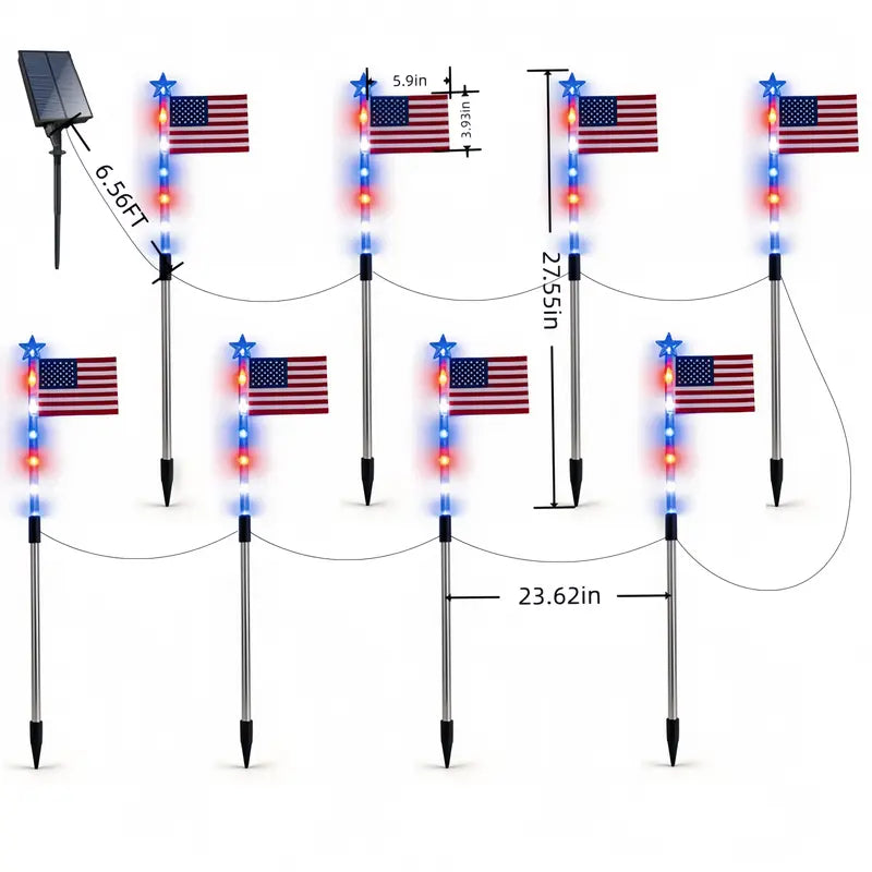 🔥8-Piece Flag Light Set – 4th of July Decorations with 8 Lighting Modes – Ideal for Independence Day Pathways, Gardens, and Yard Decor