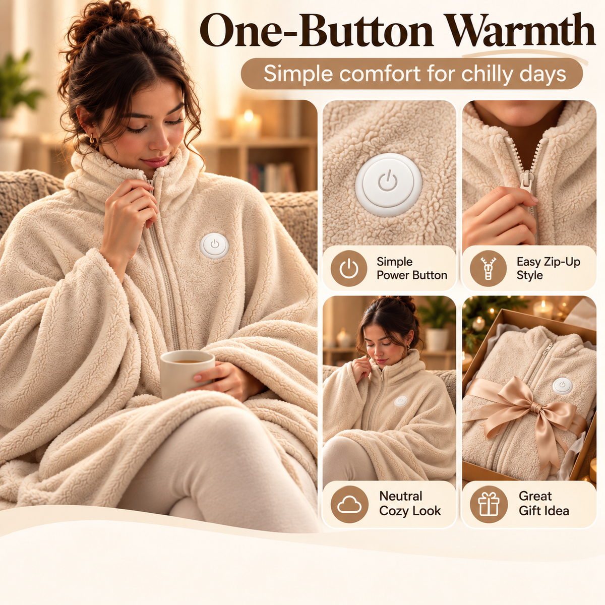 🔥 Wearable Heated Zip-Up Blanket – Ultra-Soft Cozy Winter Shawl
