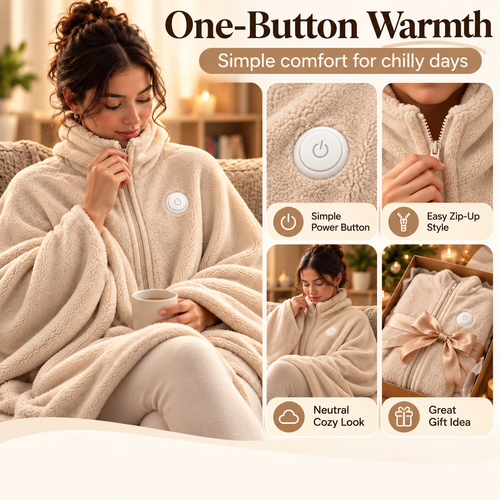 🔥 Wearable Heated Zip-Up Blanket – Ultra-Soft Cozy Winter Shawl