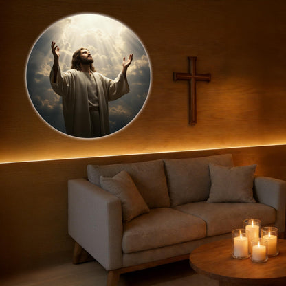 Man raising his hands toward a faith-inspired wall projection in a living room