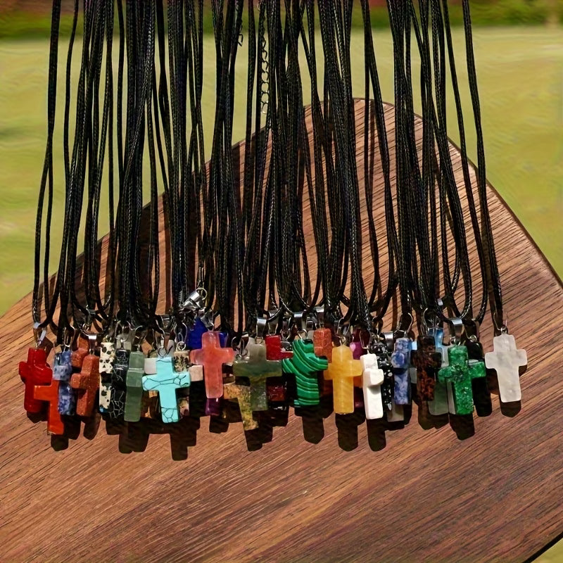 20pcs Natural Stone Cross Pendant Necklace Set