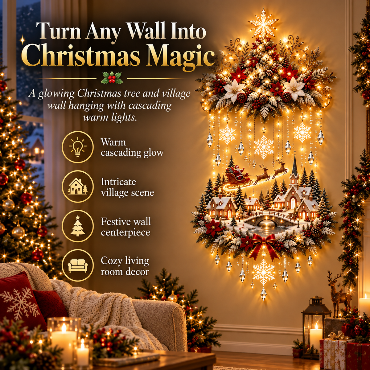 🎄 Illuminated Christmas Tree & Village Wall Hanging | Cascading Warm Lights for Living Rooms