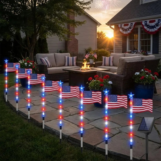 8-Piece American Flag Solar Pathway Lights - LED Patriotic Stakes with 8 Lighting Modes -Waterproof Garden Decor for 4th of July & Memorial Day