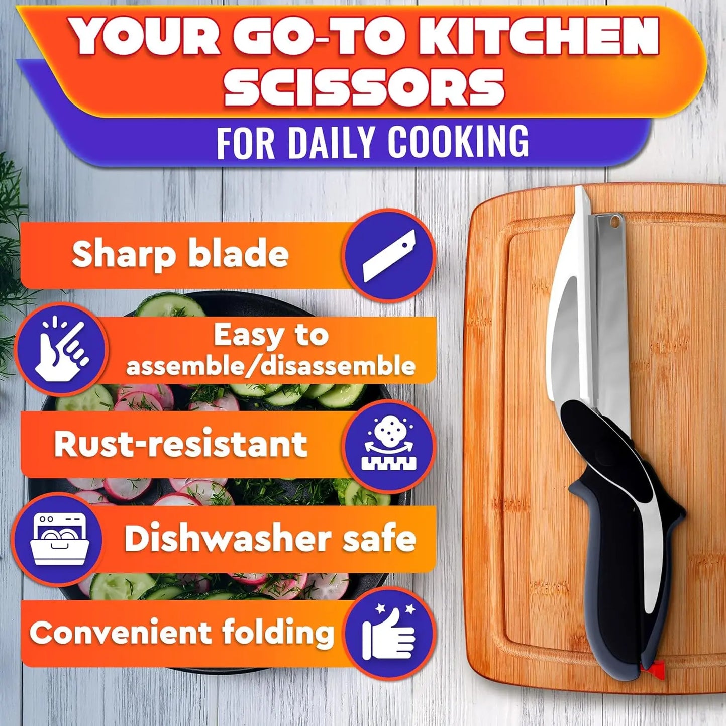 2 in 1 Kitchen Scissors for Food – Stainless Steel Blade & Plastic Cutting Board Scissors