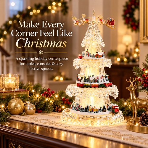🎄 Musical Christmas Tree with Animated Train🚂 – Light-Up Acrylic Holiday Village Tabletop Decoration✨