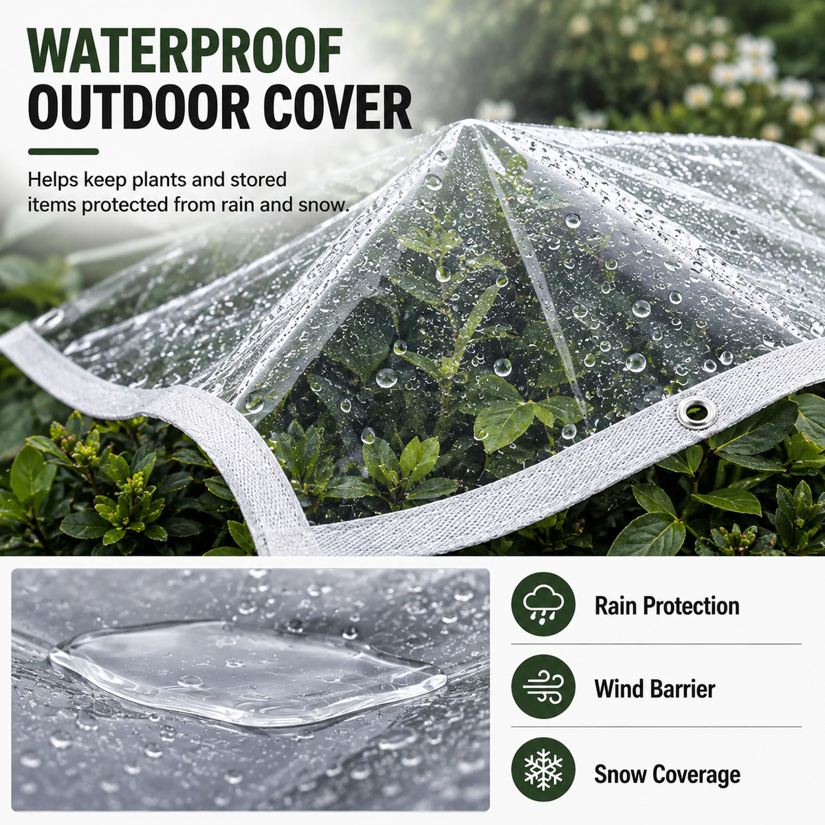 🔥Clear Waterproof PE Tarp, Transparent Outdoor Cover with Metal Grommets）