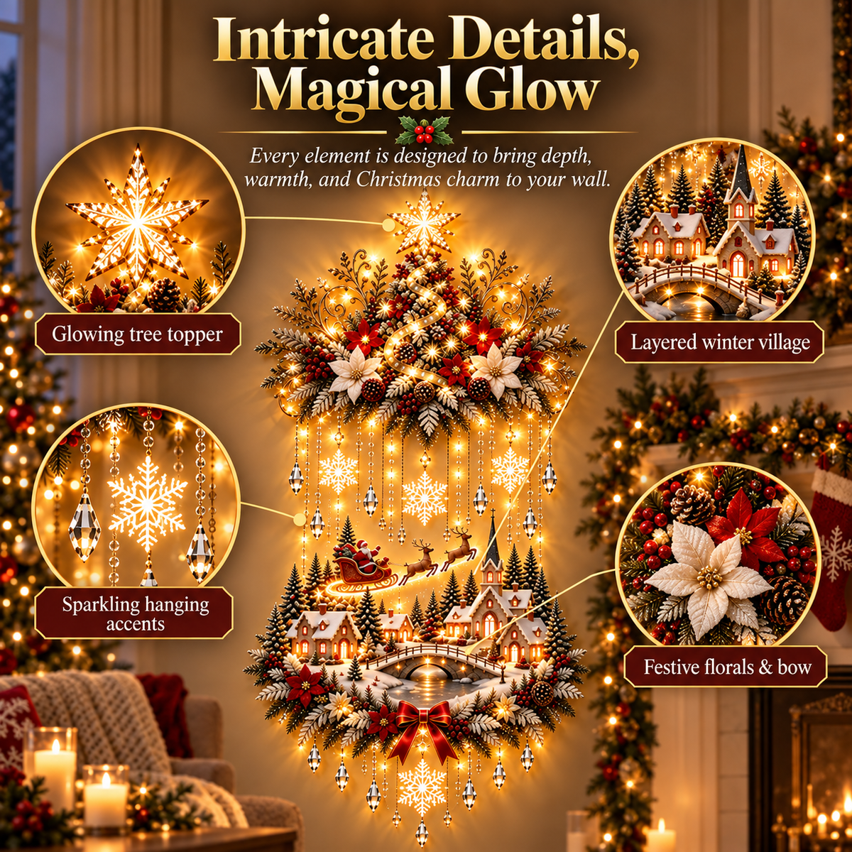 🎄 Illuminated Christmas Tree & Village Wall Hanging | Cascading Warm Lights for Living Rooms