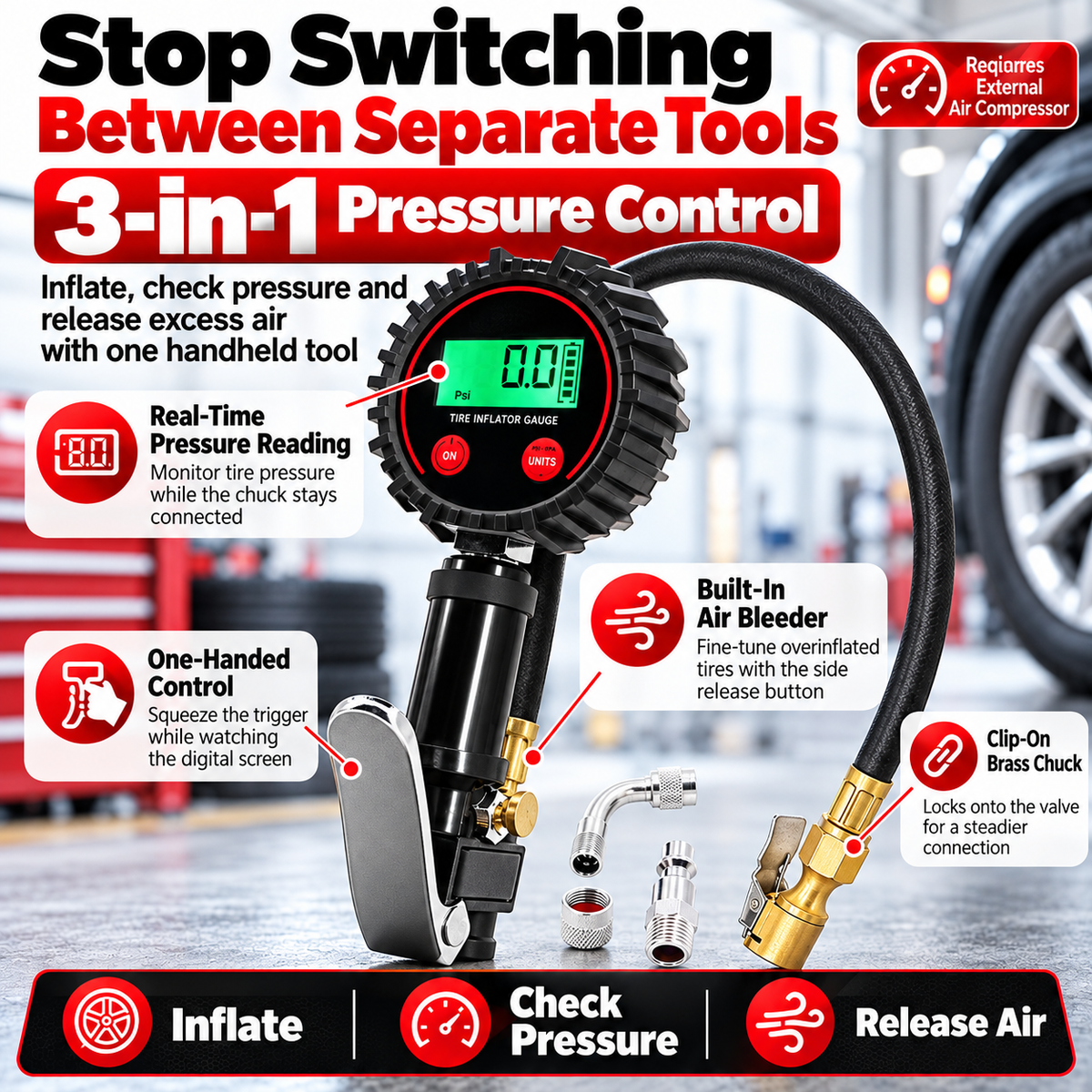 📟 200 PSI Digital Tire Inflator Gauge – 3-in-1 Air Chuck, Pressure Gauge & Bleeder