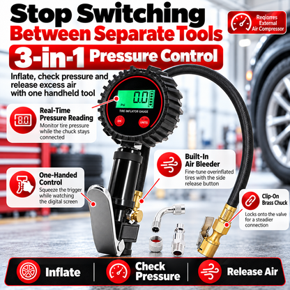 📟 200 PSI Digital Tire Inflator Gauge – 3-in-1 Air Chuck, Pressure Gauge & Bleeder