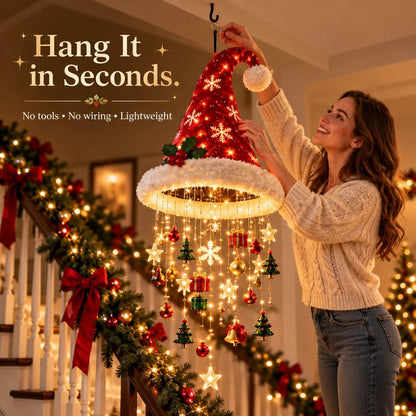 🎄🎅Santa Hat LED Hanging Light - A classic Santa hat raining warm fairy lights & Christmas charms