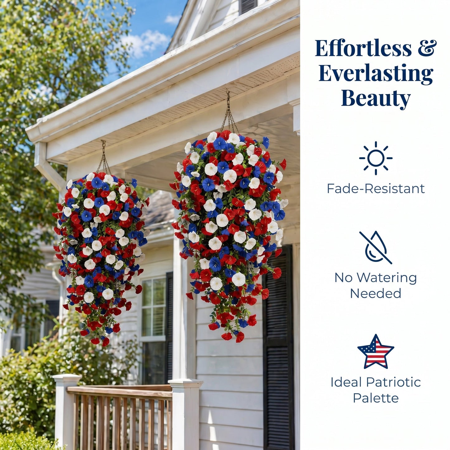 🌺Red, White & Blue Artificial Morning Glory Hanging Vines – 3-Piece Set