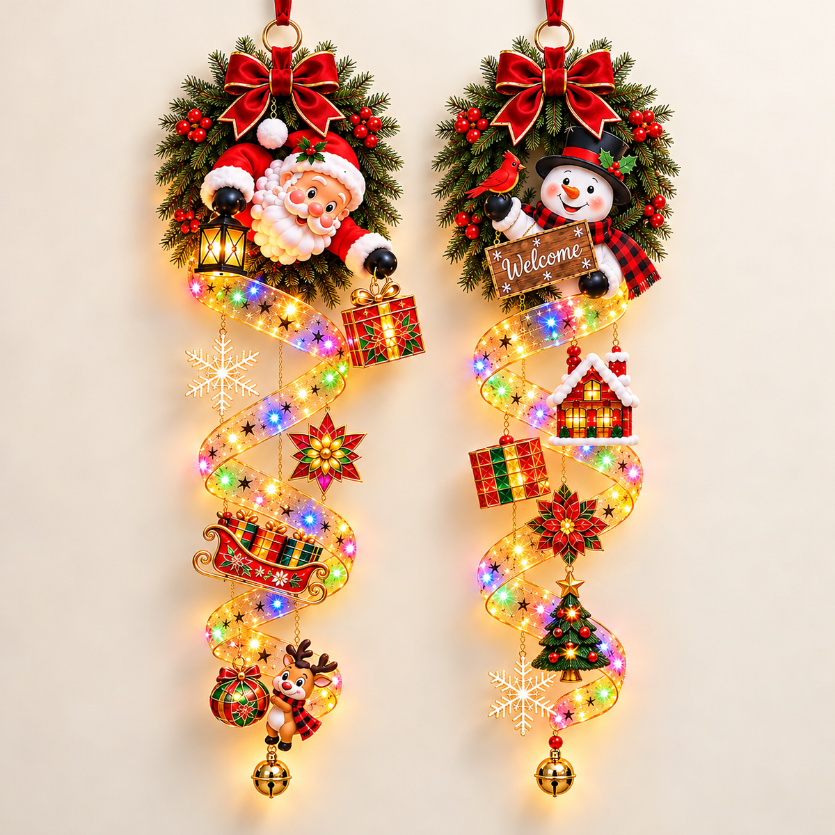 🎄 Christmas Magic Spiral Hanging LED Decoration – Santa & Snowman Holiday Door Decor ✨