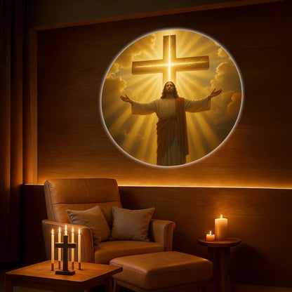 Jesus and a glowing cross projected above a living room chair