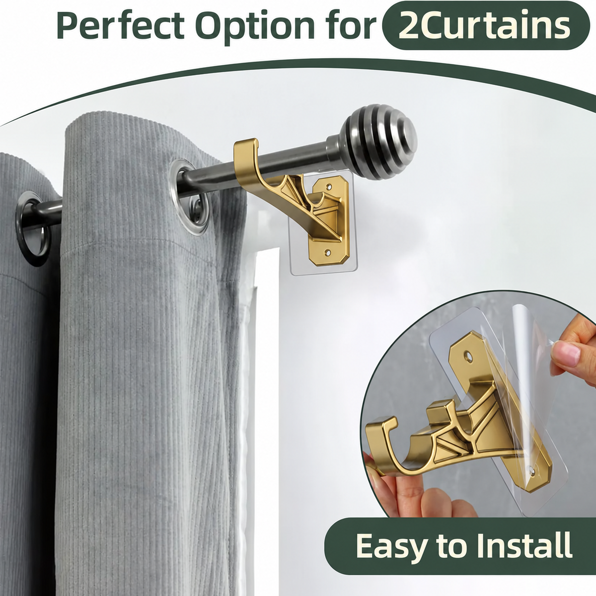 🏡 No-Drill Double Curtain Rod Brackets – Self-Adhesive 4-Pack - Rustic Brown