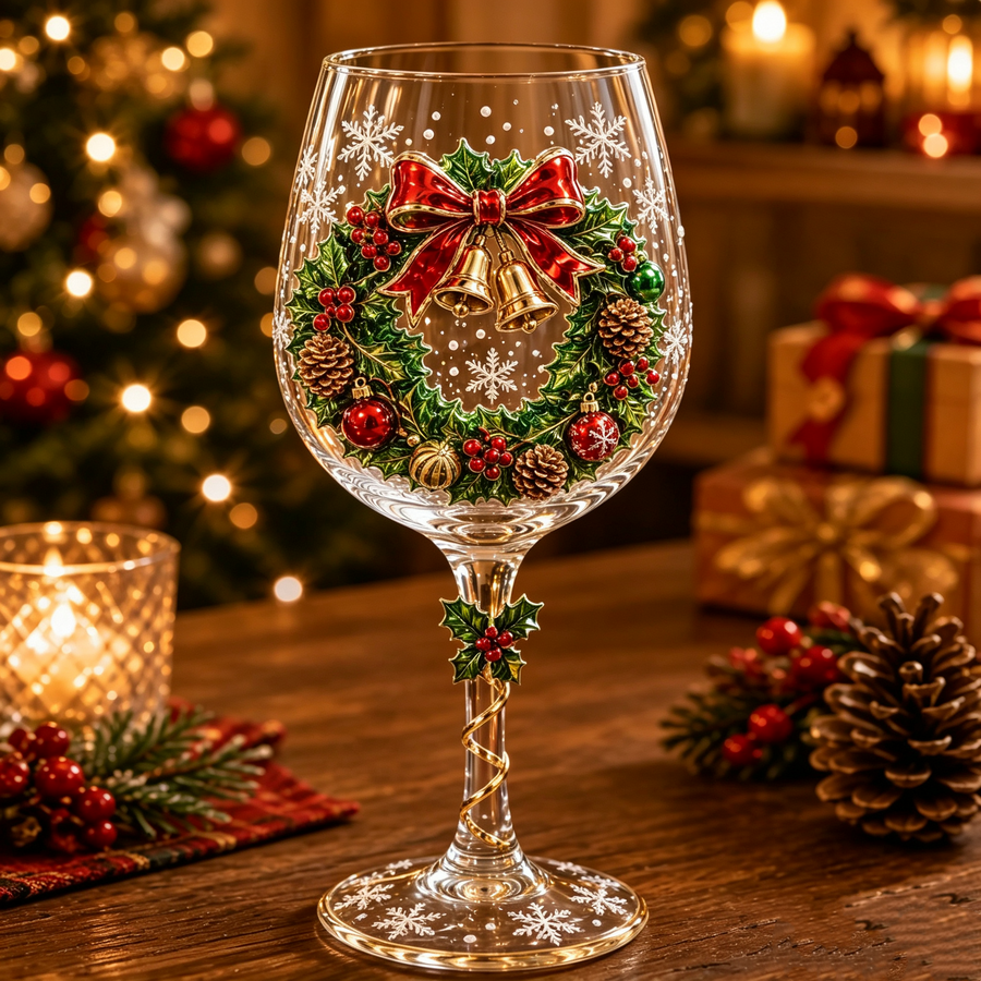 Holiday wreath and Christmas bells stemmed wine glass